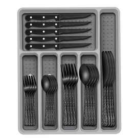 49-Piece Black Silverware Set with Organizer, Heavy Duty Stainless Steel Black Flatware for 8