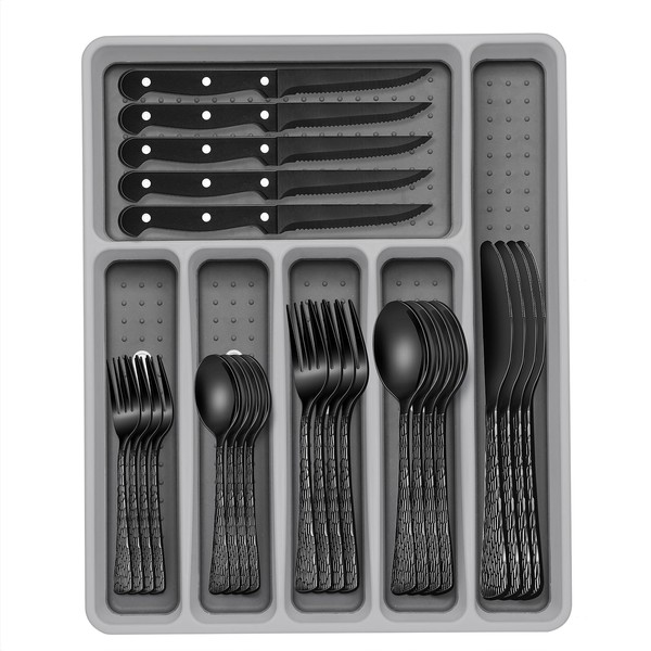 49-Piece Black Silverware Set with Organizer, Heavy Duty Stainless Steel