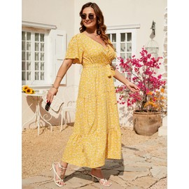 KOJOOIN Women Plus Size V Neck Wrap Maxi Dress Short Sleeves High Waist Ruffle Summer Casual Dress with Belt Yellow Flower XL