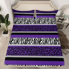Leopard Print Fitted Sheet Zebra Stripes Bedding Set for Kids Boys Girls Teens Purple Black White Zebra Leopard Fur Sheet Sets Safari Animal Hair Bed Cover No Flat Sheet Room Decor Full Size