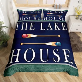 Lake House Duvet Cover Twin Size, Paddle Retro Wood Grain Bedding Set Retro Rustic Farmhouse Comforter Cover For Kids Teens Adult Women, Go Boating Bedspread Cover Lake Cabin Decor, Dark Blue