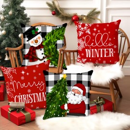 Brightown Red Christmas Pillow Covers 18x18 Set of 4 Christmas Decorations Snowman Wreath Santa Tree Winter Holiday Decor Throw Cushion Case for Home Couch