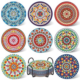 8 Pcs Diamond Art Coasters with Holder, Abstract Art DIY Diamond Painting Coasters Kits for Beginners/Adults/Kids (Mandala Flowers)