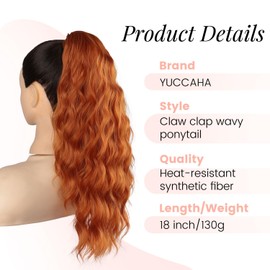 Ponytail Extension, Claw Clip Ponytail Extensions for Women Wavy Pony Tails Hair Extensions 18 Inch Clip in Ponytail Hairpiece Fluffy Natural Synthetic for Daily Use (Ginger Copper)