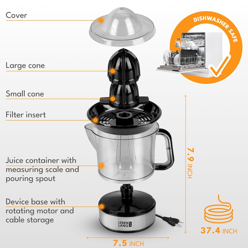 LEBENLANG Electric Citrus juicer - 2 cones & BPA-free I