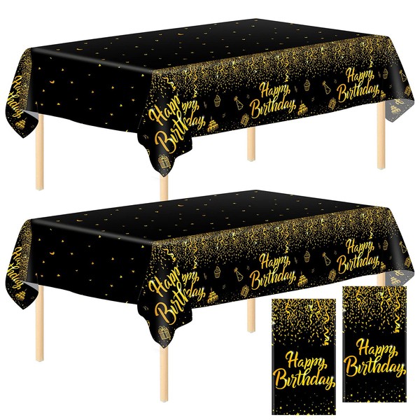 ANECO 2 Pack Black Gold Happy Birthday Tablecloths Party Table Cloth Covers Table Covers for Party Decorations Wedding Supplies, 108 x 54 Inches