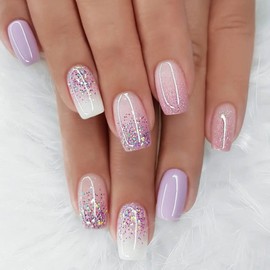 POKENGDA Square Press on Nails Medium,Sequins Gradient Fake Nails Design,Reusable Acrylic Purple False Nail Kits for Women