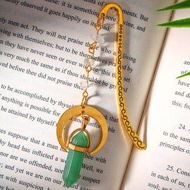 Vintage Metal Bookmark Pendant with Natural Crystal Stones Green Jade Bead Chain – Elegant Book Marks for Women, Men, Book Lovers, Teachers, and Girls(Green Jade)