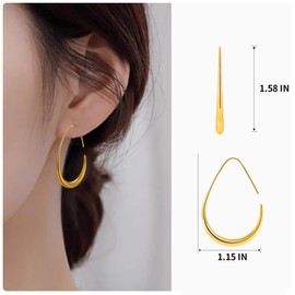 Delicate Teardrop Hoop Earrings for Women - 18k Gold Plated Large Oval Pull-Through Hoops, High Polished Statement Jewelry Gift(Gold 40mm)