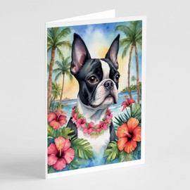 Caroline's Treasures Boston Terrier Luau Greeting Cards Pack of 8 Blank Cards with Envelopes Whimsical A7 Size 5x7 Blank Note Cards