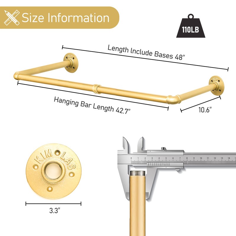 Fobule 48” Gold Wall Mounted Clothes Rack, Industrial Pipe Iron
