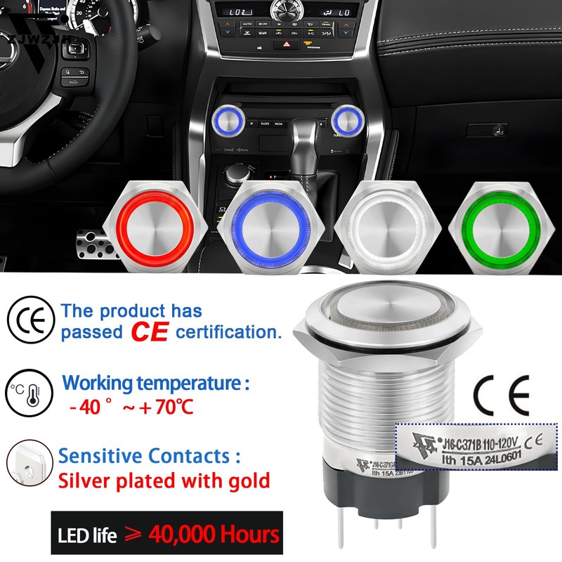 15Amp 16mm Latching Push Button Switch 5/8" Waterproof IP67 110V