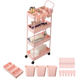 danpinera Slim Storage Cart, 4 Tier Bathroom Organizer Narrow Laundry Cart with Wheels Dividers Hanging Cups Hooks Handle Makeup Lash Cart Shelf Organizer Rack Unit Easy Assembly, Pink