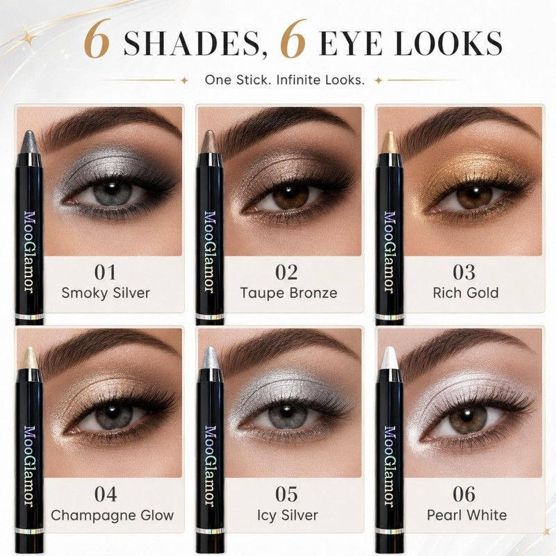 6 Pcs Double-ended Shimmery Eyeshadow Sticks for Colorful Eye Makeup