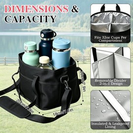 Family Size 4 Compartment Insulated Drink Storage Bag, Multi-Cup Water Bottle Bag Carrier Caddy with Adjustable Shoulder Strap | Hands Free, Reusable for Travel, Picnic, Family Outings (Black)