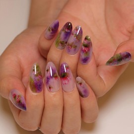 WAFOLOZE WAFOLOZE Nails Press on, Almond Press on Nails Medium Girls Fake Nails with Lotus Blooming Summer Flower Design, Acrylic Artificial False Nails Press Ons Floral Glue on Nails For Women