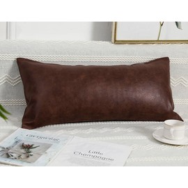 PANOD Decorative Lumbar Throw Pillow Covers 12 x 24,Premium Faux Leather Long Pillow Covers Cushion Case for Farmhouse Sofa Couch Bed Livingroom,Modern Boho,Vegan Dark Brown
