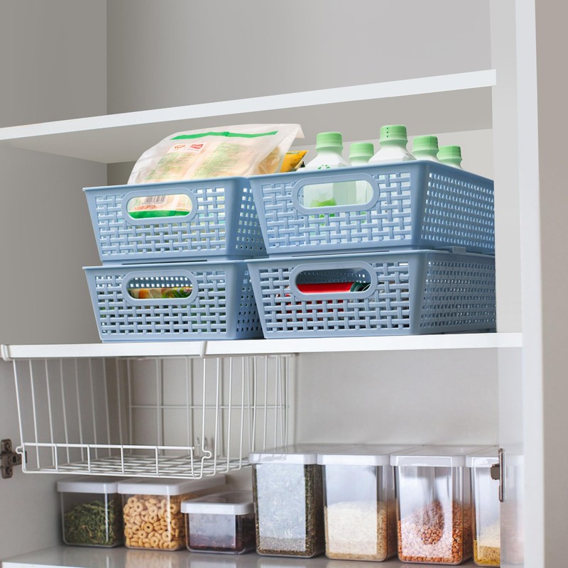 Stackable Woven Plastic Basket, Storage Bins for Cabinet, Closet, Shelf,