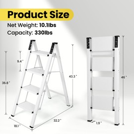 FAHKNS 4 Step Ladder, Aluminum Folding Step Stool with Anti-Slip Sturdy and Wide Pedal, Portable Space Saving Closet Step Stool for Home and Kitchen, Step Stools for Adults, White, 330Lbs