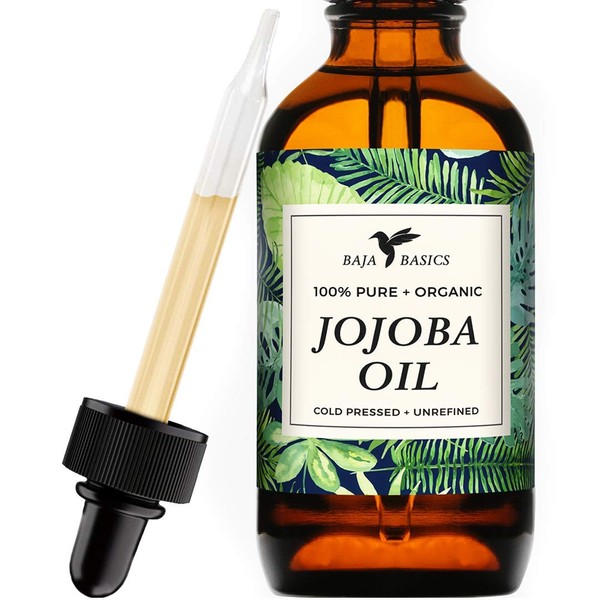 Jojoba Oil by Baja Basics, Organic, 100% Pure, Cold Pressed For Moisturizing Skin, Hair and Cuticles 1oz