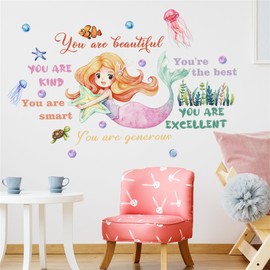 WAFT YEARN Vinyl Removable Lovely Mermaids Jellyfish Underwater Ocean Animal Wall Decal Wall Sticker Decor for Nursery School Classroom Bedroom Bathroom Girls Room Playroom 23.62 in by 38.19 in