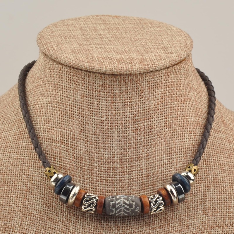Ancient Tribe Boho Choker Necklace with Grayish Brown Tribal Bead