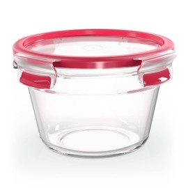 Emsa N10404 Clip & Close Glas Frischhaltedose rund | 0,9 L | stapelbar | gefrierfest | backofenfest | mikrowellenfest | rutschfestes Stapeln | 100% dicht | spülmaschinenfest | Transparent/Rot