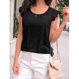 AUTOMET Womens Summer Tops Short Sleeve Shirts Business Casual Dressy Tank Top 2025 Cap Lace Sleeveless Shirts Tee Cute Basic Trendy Fashion Spring Beach Vacation Outfits Black XXL