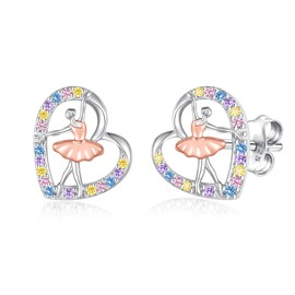 925 Sterling Silver Ballet Dance Earrings Ballerina Heart Stud Jewelry Gifts for Women Dancer, S925, Cubic Zirconia