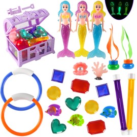 AMZFAVOR Diving Pool Toys for Kids Ages 4-12, 27 Pcs Mermaid Pool Toys with Gem Pirate Treasure and Chestand Storage Bag, Swimming Training Game Toy Summer Beach Party Gifts for Boys Girls Toddlers
