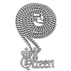 GWOOD Crown Queen Necklace with Crystal Rhinestones, or Earrings (SILVER COLOR SM/24 INCH CUBAN CHAIN)