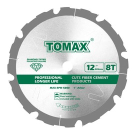 TOMAX PCDM12 Inch 8 Tooth Polycrystalline Diamond Tipped (PCD) Hardie Fiber Cement Saw Blade with 1 Inch Arbor
