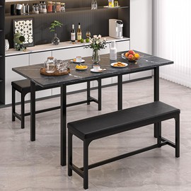 VECELO 3-Piece 63" Extendable Kitchen Table with Benches/Chairs, Modern Breakfast Dinette/Dining Room Set for 4/6/2, Small Space Saving Design, Easy Assembly
