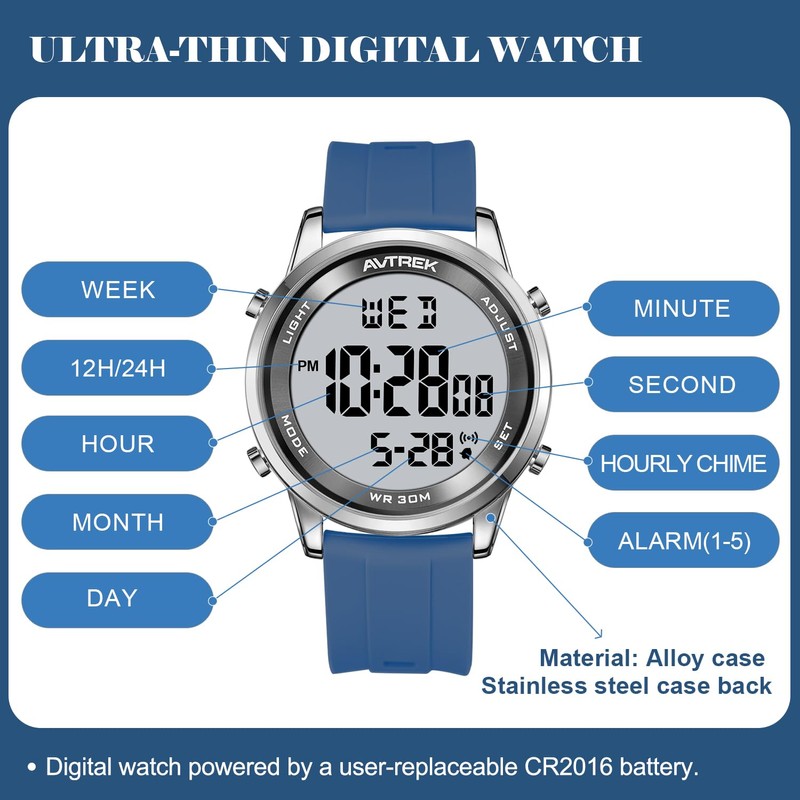 AVTREK Ultra-Thin Digital Watch Waterproof,and 5 Alarms/LED Backlight,Men's