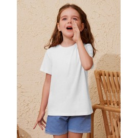 ZDC Girls' Short Sleeve Shirts Kids Crewneck T-Shirts Summer Tops Basic Tees 5-14 Years White