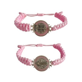 2 Pcs Red ST Benedict Bracelets Catholic Rosary Gifts Black Saint Benedict Bracelet Adjustable Blue String Medalla De San Benito Religious Gifts For Men Women (Pink)