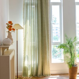 Sutuo Home Green Boho Curtains 102 inches Long for Bedroom Living Room Nursery Room, Semi Blackout Linen Farmhouse Tassels Window Treatment Bohemian Embroidery Drape, Rod Pocket 1 Panel 52" W x 102" L