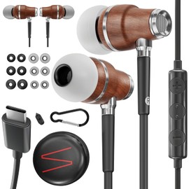 Symphonized Premium Wooden iPhone Earphones Wired (USB C) Deep Bass Sound, 3D Sound, Microphone Volume Control, 90% Noise Cancelling for Type C Devices. Earphones for iPhone 15 to 16 & Android