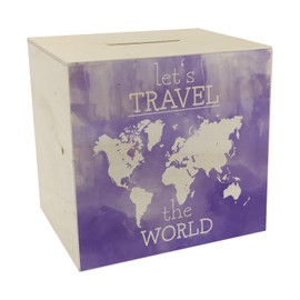 Wooden Money Box with World Map Motif and Text - Let's Travel The World in Purple Wooden Money Box with Watercolour Motif and Beautiful Design to Travel the World or the Next