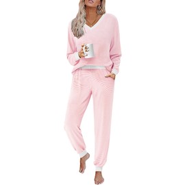 JUSTFASHIONNOW Womens 2 Piece Lounge Sets Cute Long Sleeve Pajama Sets Casual Striped Pjs with Pockets Winter Outfits Cozy Sleepwear Loungewear(Pink,X-Large