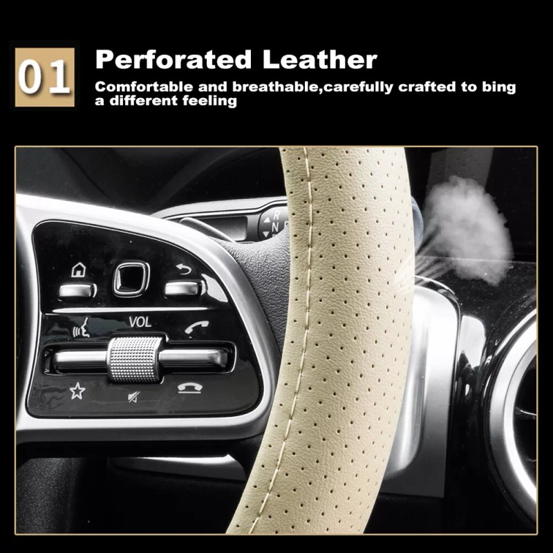 XUKEY Beige Leather Car Auto Steering Wheel Cover Wood Grain