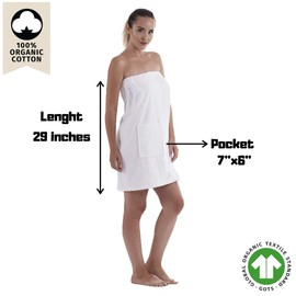 C&B Women's Wrap Towel - 100% Organic Turkish Cotton Adjustable for Spa Gym Pool w Pocket (White)