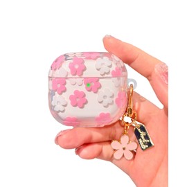 Srddty Compatible with AirPods 4 Case Cute Clear Flower, Shockproof Soft TPU Protective Cover for Girls Women with Floral Keychain Designed for AirPod 4th Generation 2024, Pink