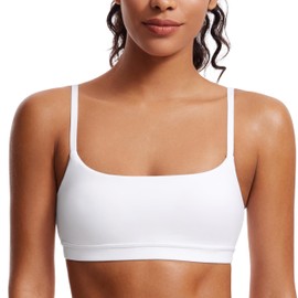 CRZ YOGA Womens Butterluxe Adjustable Spaghetti Strap Sports Bra - Scoop Neck Wireless Padded Yoga Workout Crop Top White Large