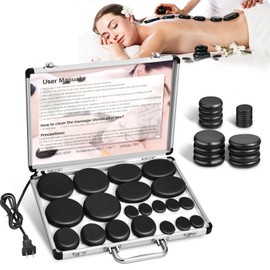 Granpay 20 Hot Stones for Massage with Warmer, Hot Stones Massage Set with Warmer Kit Basalt Hot Rocks Massage Stone for Spa Warming Therapy Pain Relie