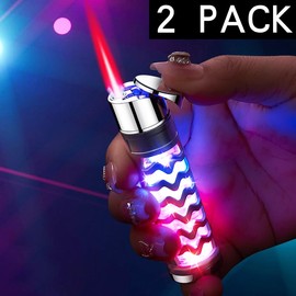 DWYYJJ 2 Pack Blue Black Cool Butane Torch Lighters,Refillable Adjustable Jet Flame Lighter,Windproof,Gift for Men Candles Camping BBQ (No Butane Fuel)