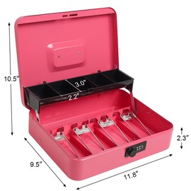 Parrency Cash Box with Combination Lock,Metal Cash Box with Money Tray，Lock Box Safe Storage Security Locker with Security Cable,Pink