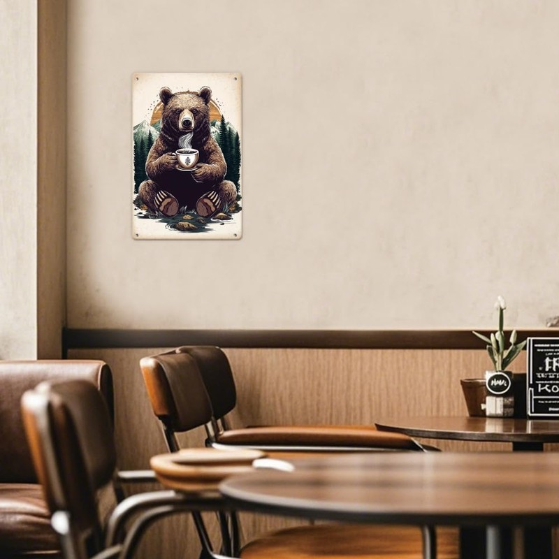 DOODLREAM Wall Decoration Rustic Bear Drinking Coffee Tin Sign Retro
