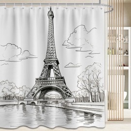 DLTAY Eiffel Tower Shower Curtain Paris French City White Bathroom Decor Set, Waterproof Cloth Fabric with Hooks, 72x72 inches