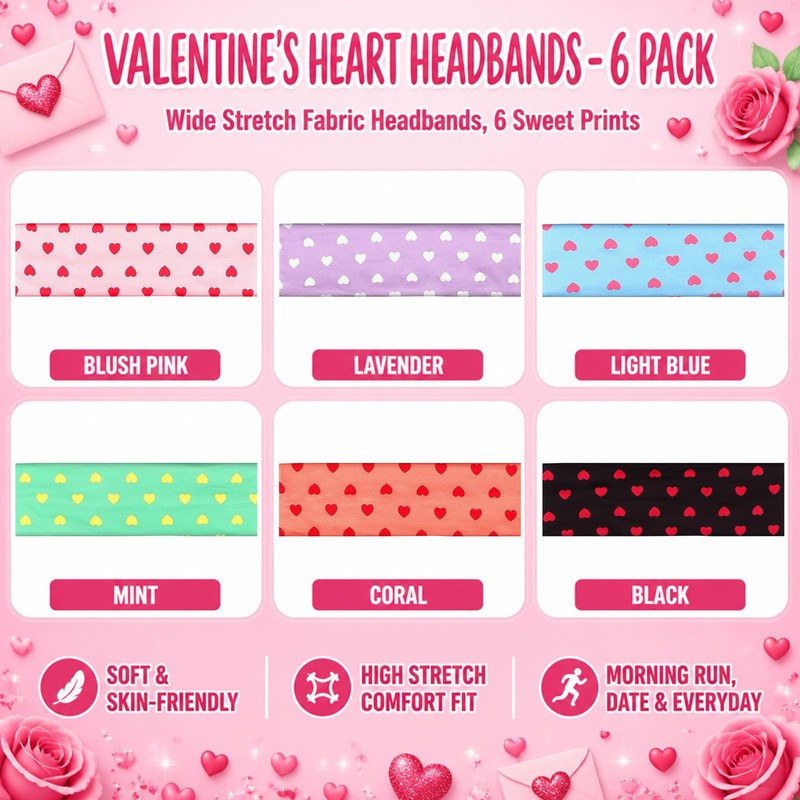 Heart Headbands for Women Elastic Non Slip Valentines Day Headbands